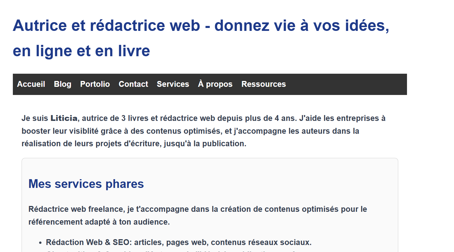 capture d'écran de l'accueil de mon site portfolio