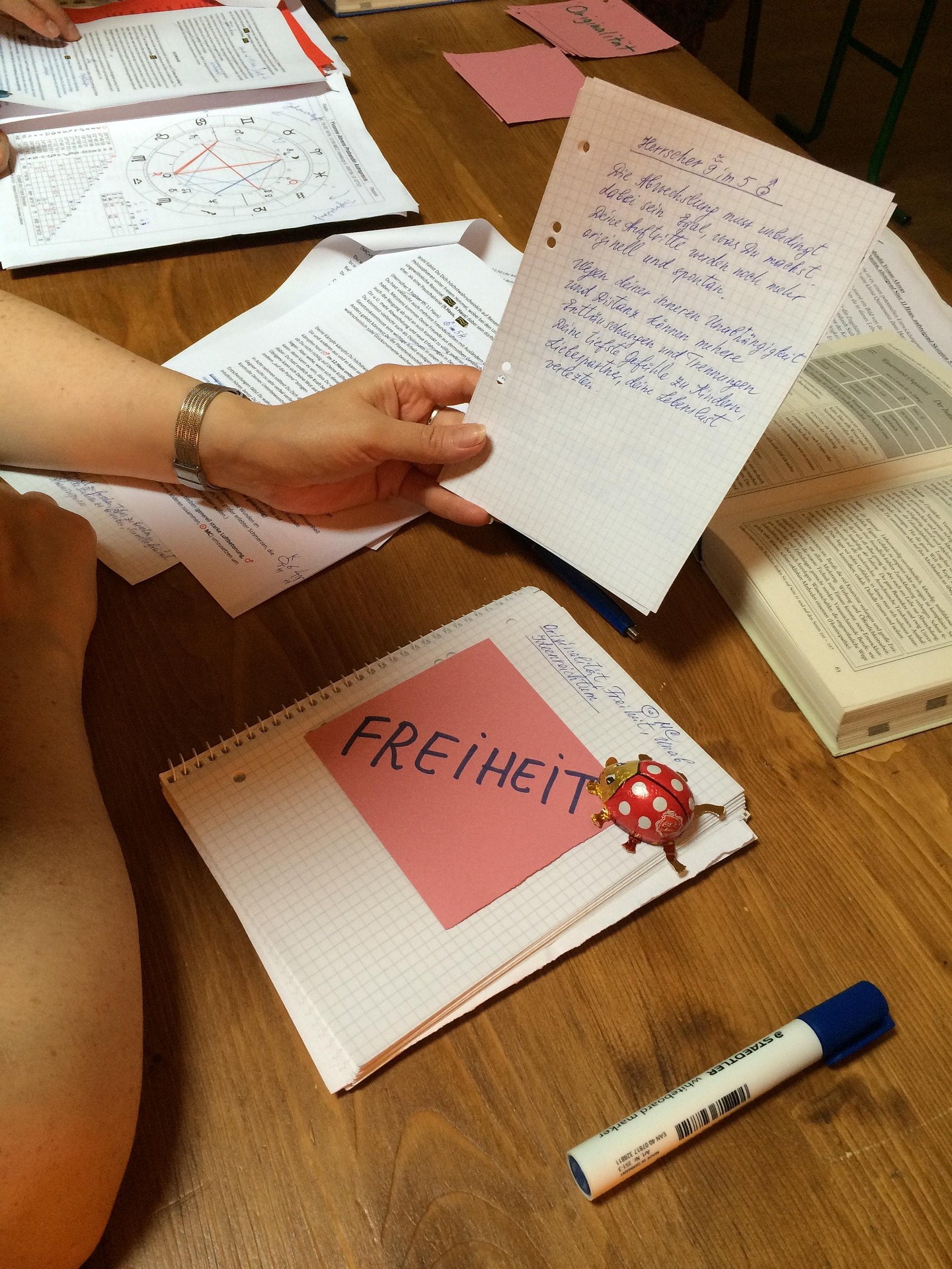 personne apprenant l'allemand à travers l'écriture dans un carnet