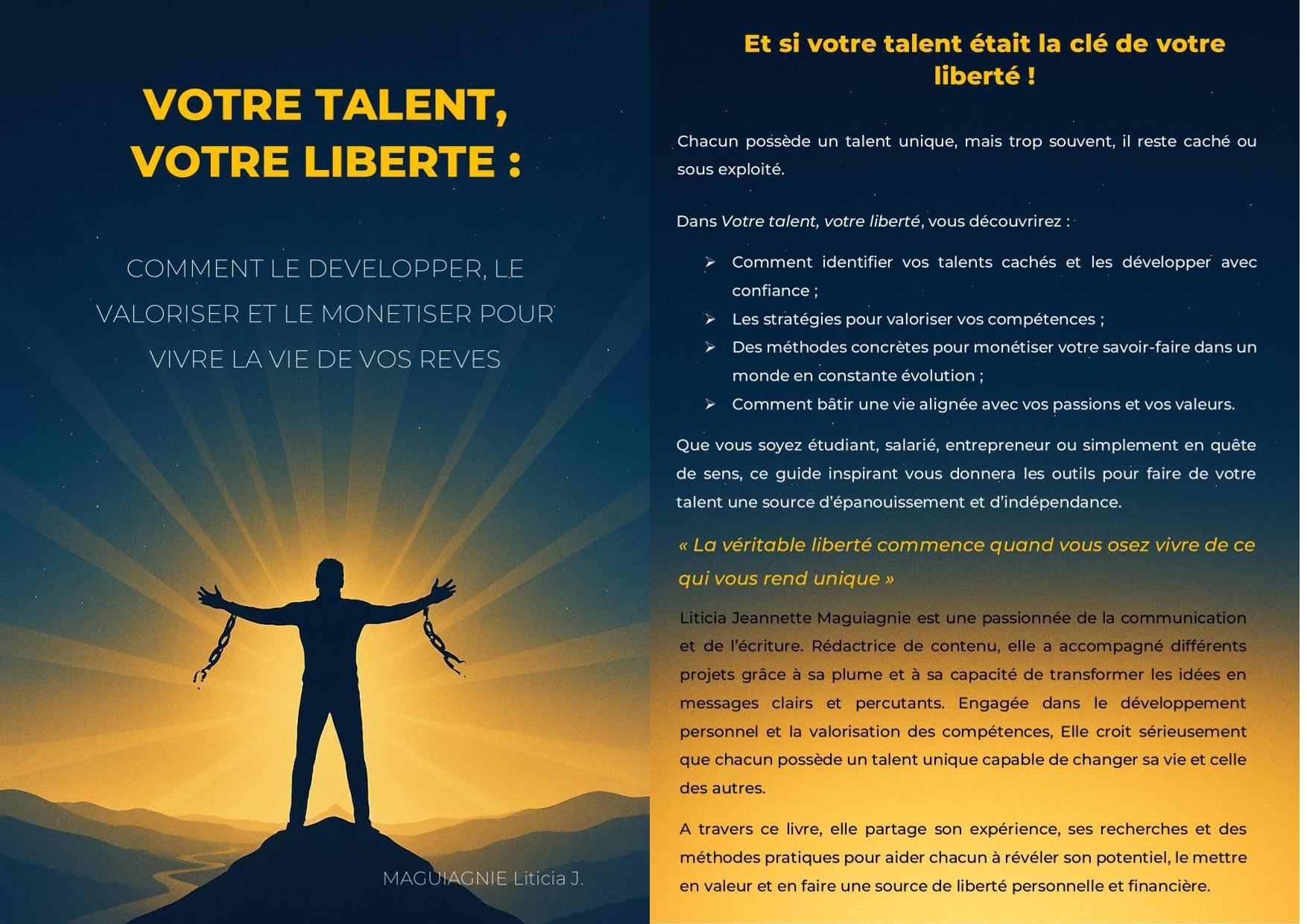 couverture de mon livre publié sur Amazon intitulé: votre talent votre liberté